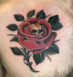 Chest Flowers Skull Traditional/Americana Tattoo